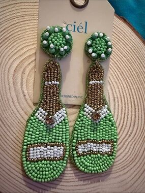 NWT Ciel Seed beaded Champagne Bottle Earrings felt back lightweight